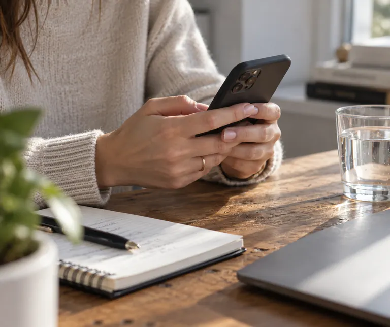Hands holding a phone beside a notebook on a desk