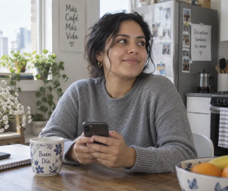 Mujer en la mesa de la cocina revisando su teléfono