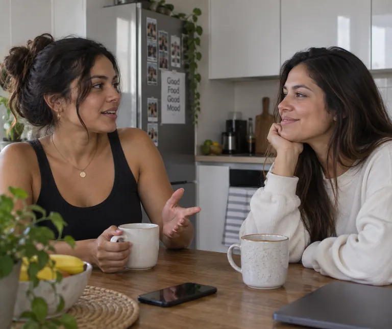 Dos mujeres conversando con café en la cocina