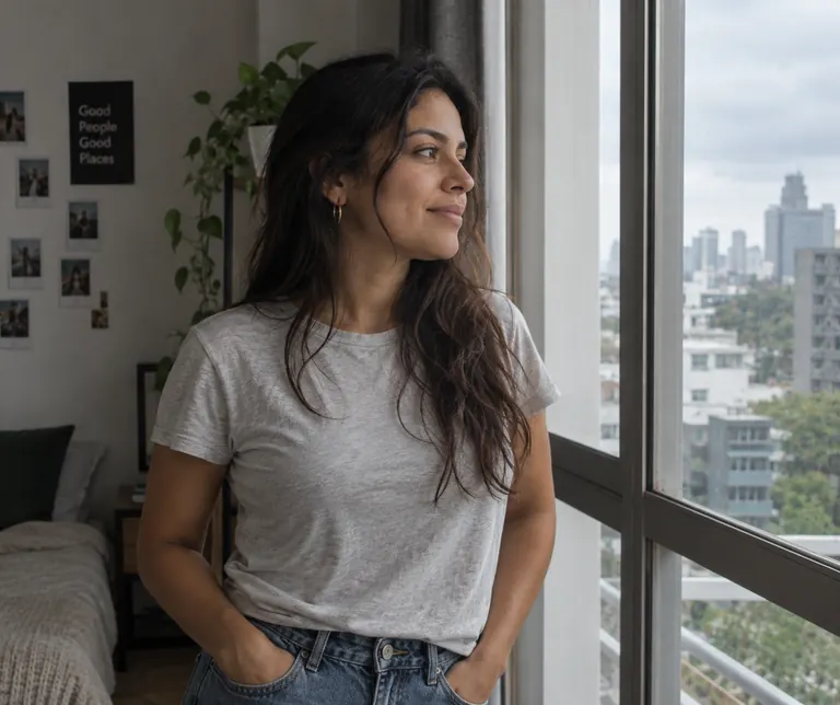 Mujer junto a la ventana con una taza