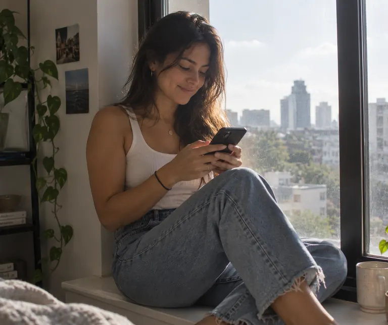Mujer sentada junto a la ventana con su teléfono