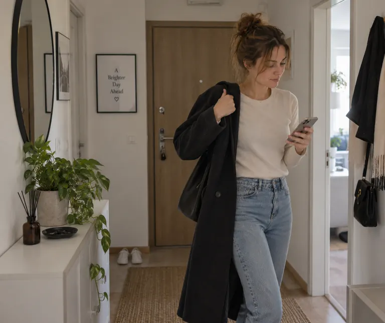 Woman checking her phone while putting on a coat