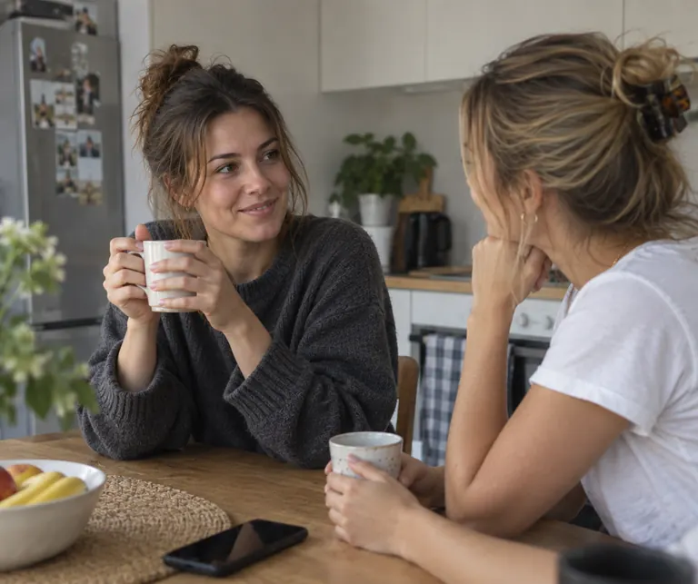 Two women talking over coffee in a kitchen