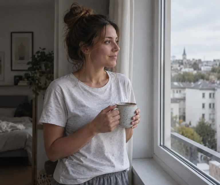 Woman standing by a window holding a mug