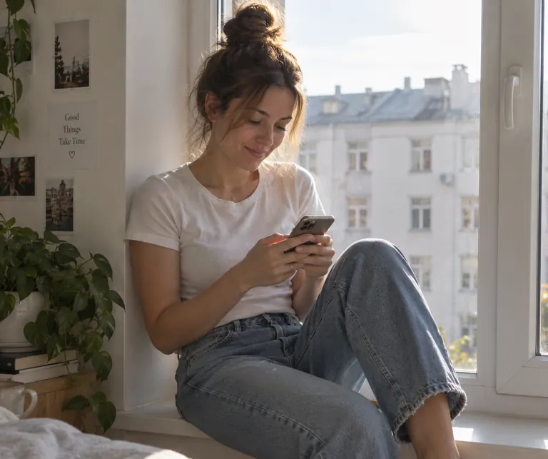 Woman sitting on a windowsill with her phone